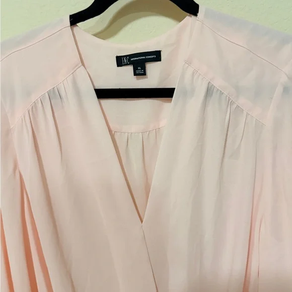 Blush Pink Wrap Blouse | Long Sleeve Draped V-Neck Top | Elegant Chiffon Style - Picture 7 of 11